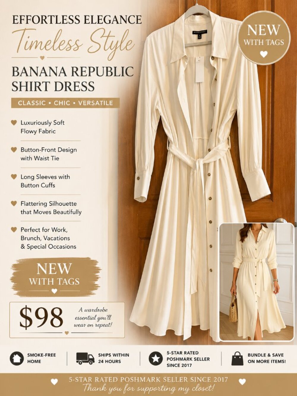 Banana Republic Cream Belted Button Front Midi Shirt Dress XL NWT
